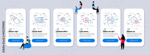 Science icons set. UI phone app screens with teamwork. Included icon as Pie chart, Usb stick, Cogwheel settings signs. Motherboard, Job interview, 5g internet line icons. Vector