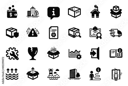 Vector Set of Industrial icons related to Operational excellence, Skyscraper buildings and Customisation icons. Lighthouse, Home and Buildings signs. Search package, Warning and Evaporation. Vector