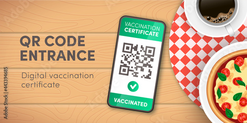 Safe restaurant, cafe, pizzeria entrance vector banner. Covid-19 Digital health passport QR code on smartphone screen. Electronic vaccination certificate proof mobile app