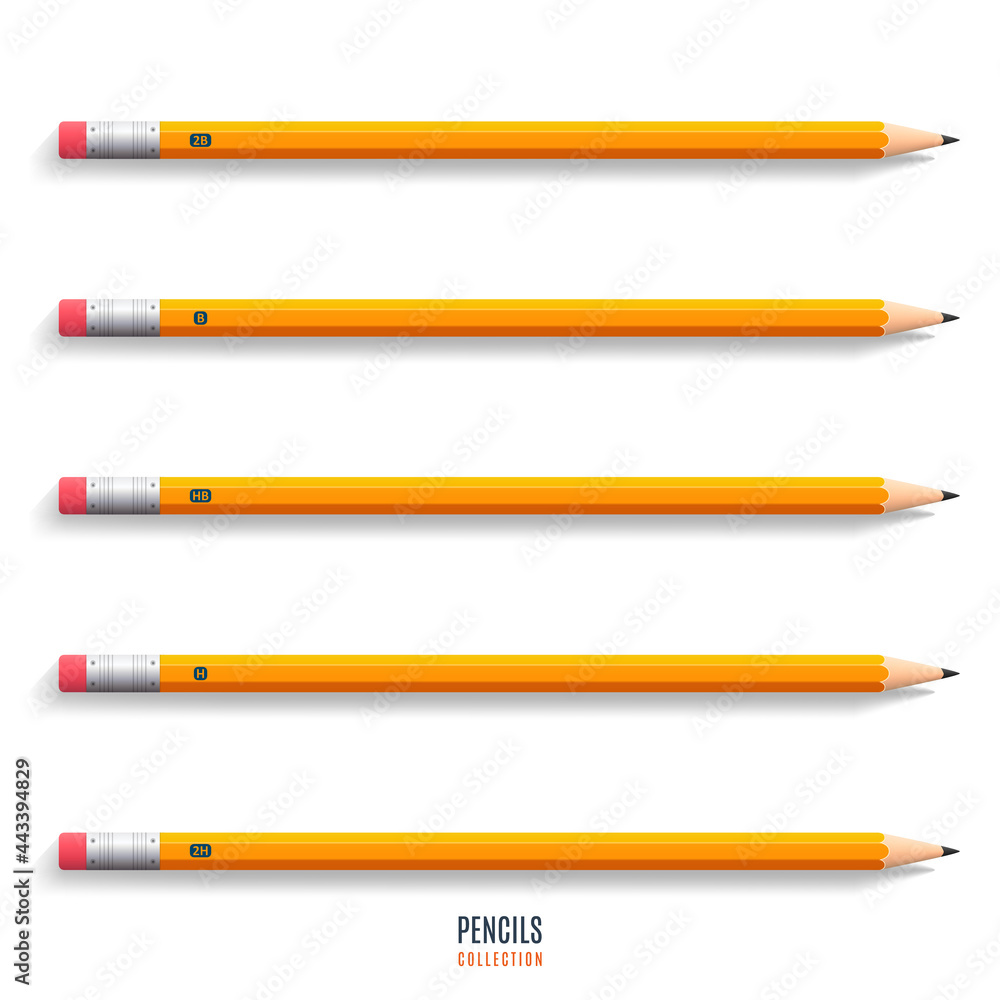 set of realistic sharpened yellow pencils with shadow isolated on white background. stationery for drawing and work. vector illustration set of realistic sharpened yellow pencils with shadow isolated on white background. stationery for drawing and work. vector illustration