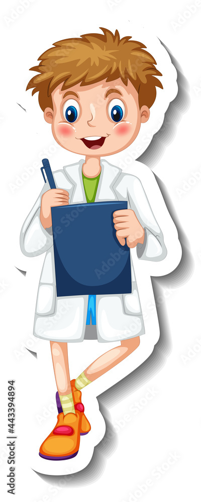 Sticker template with a scientist boy cartoon character isolated