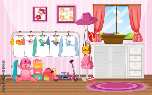 Children clothes on a clothesline with many toys in the room scene