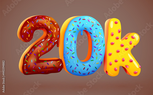 20k or 20000 followers donut dessert sign. Social media friends, followers. Thank you. Celebrate of subscribers or followers.
