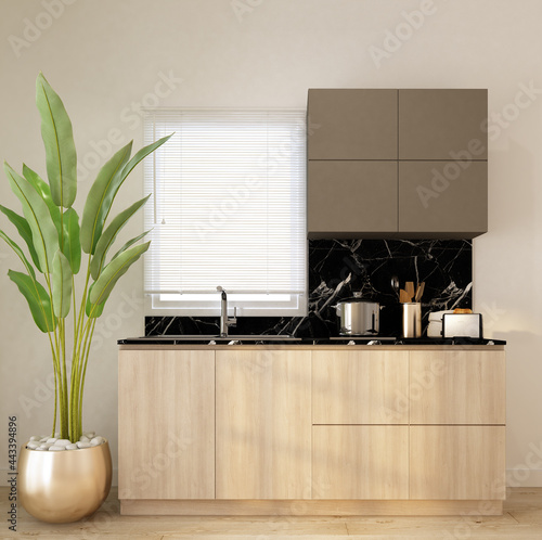 Obraz na plátně home interior decorate kitchen counter with wood door,kitchen equitment,indoor plant,whit window,brown color cabinet,black marble and  white wall 3d rendering