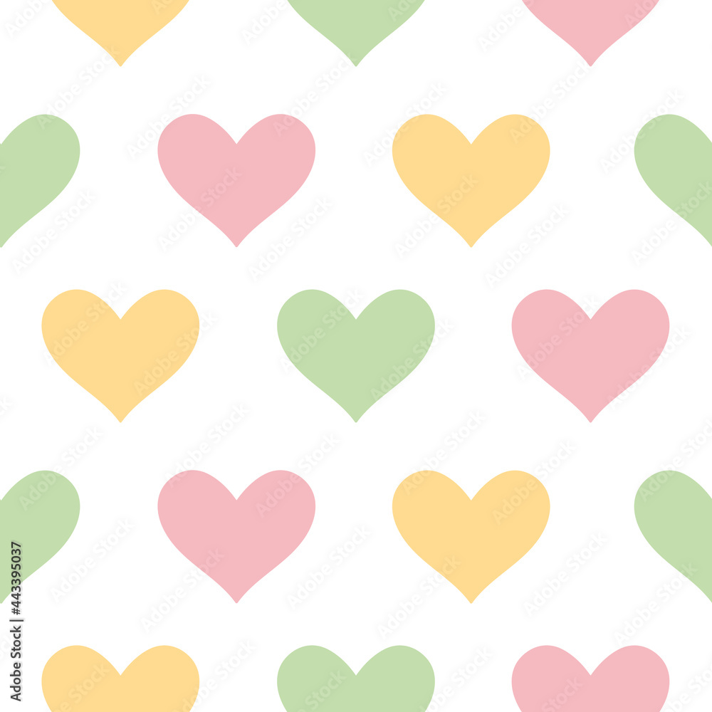 Seamless vector pattern with cute hand drawn hearts isolated on white background. Pastel vintage texture for kids room decor, fashion, nursery art, wrapping paper, textile, print, fabric, wallpaper.