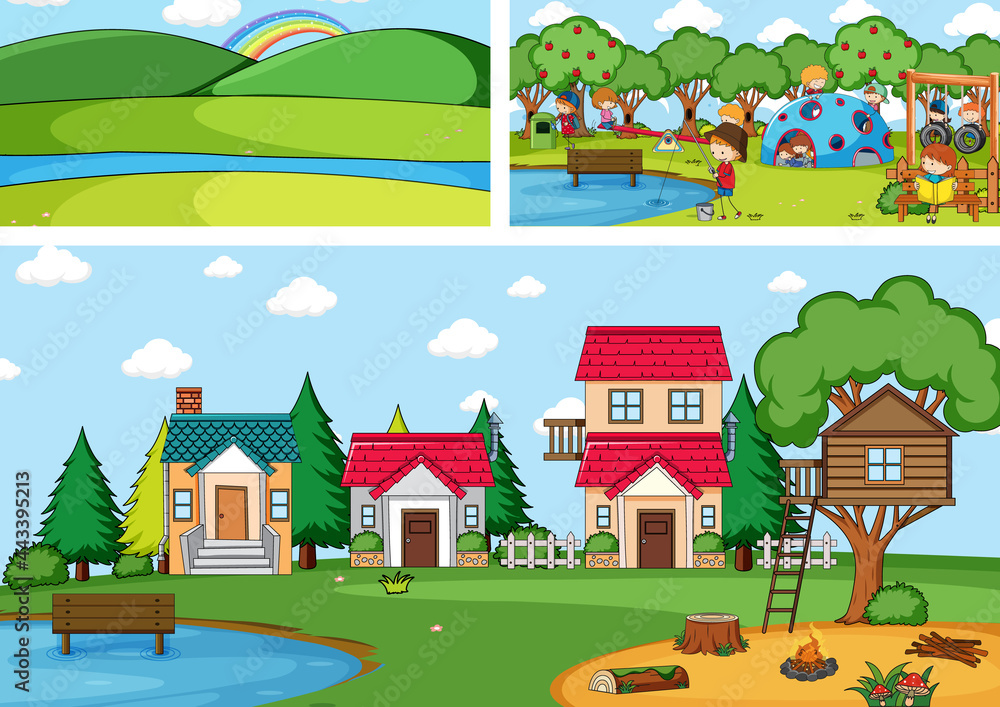 Set of different horizontal scenes background with doodle kids cartoon character Set of different horizontal scenes background with doodle kids cartoon character