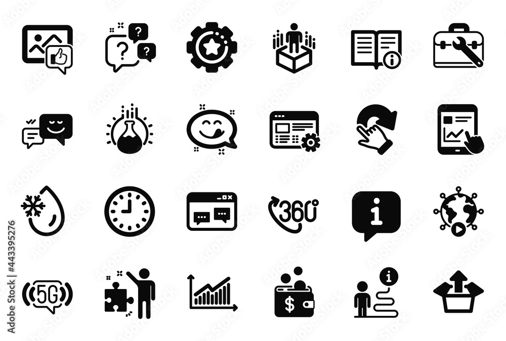 Vector Set of Technology icons related to Clock, Web settings and Yummy smile icons. Tool case, Internet report and Video conference signs. Augmented reality, Chemistry experiment and Graph. Vector