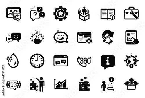 Vector Set of Technology icons related to Clock, Web settings and Yummy smile icons. Tool case, Internet report and Video conference signs. Augmented reality, Chemistry experiment and Graph. Vector