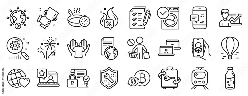 Set of Business icons, such as Hot offer, Friends world, Fireworks icons. Hold t-shirt, Success business, Smartphone notification signs. Luggage, Security contract, Refresh bitcoin. Train. Vector