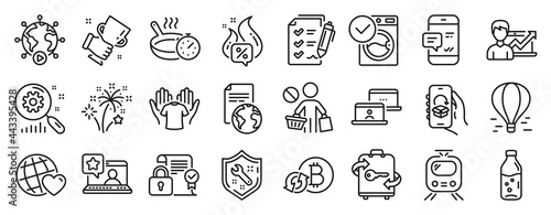 Set of Business icons, such as Hot offer, Friends world, Fireworks icons. Hold t-shirt, Success business, Smartphone notification signs. Luggage, Security contract, Refresh bitcoin. Train. Vector