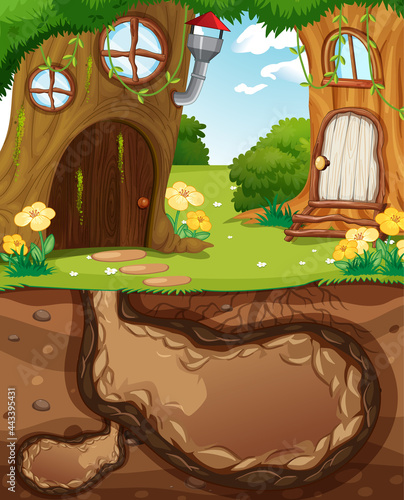Underground animal hole with ground surface of the garden scene