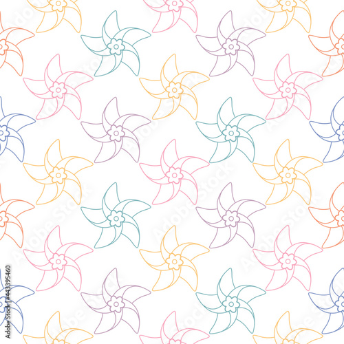 Seamless vector pattern with colorful pinwheels lineart style. Cute hand drawn abstract background for kids room decor, fashion, nursery art, package, wrapping paper, textile, print, fabric, wallpaper