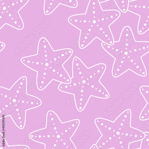 Seamless vector pattern with cute hand drawn starfishes. White line objects isolated on purple background. Fun summer texture for package, wrapping paper, print, gift, fabric, textile, wallpaper, web.
