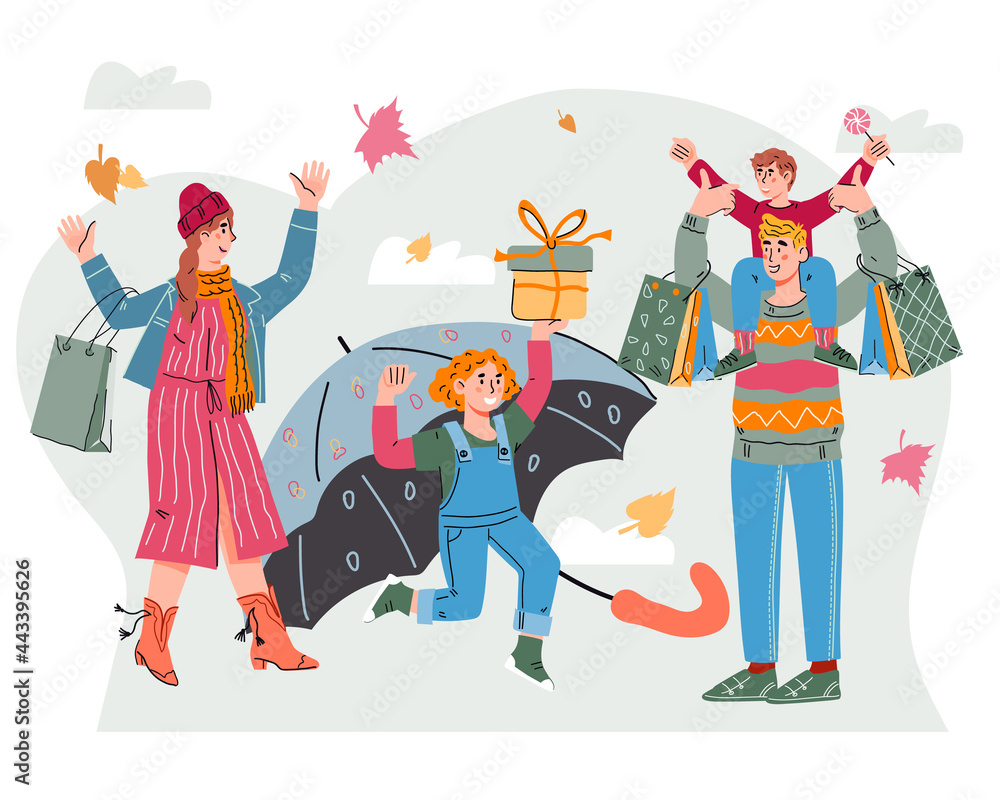 Family with children shopping goods in autumn at seasonal sale, flat cartoon vector illustration isolated on white background. Autumn shop sale promotion with cute family carrying shopping bags.