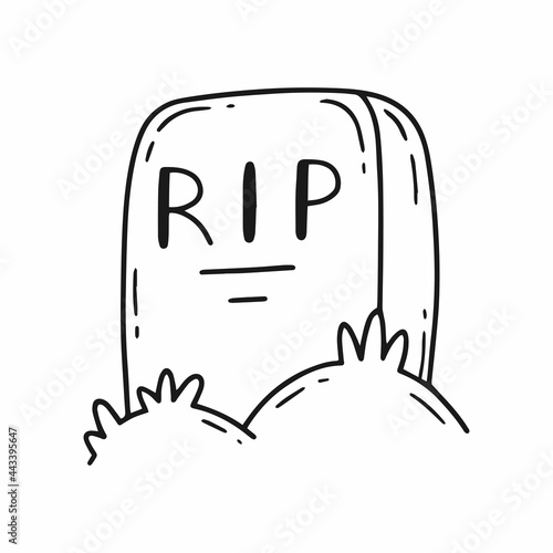 Tombstone with the inscription r.i.p. in cartoon doodle style. Vector outline illustration icon isolated on background.