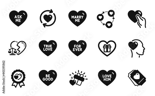 Vector set of Friend, Friends community and Love gift icons simple set. Update relationships, Love him and Romantic gift icons. Be good, For ever and Marry me signs. Friend simple web symbol. Vector