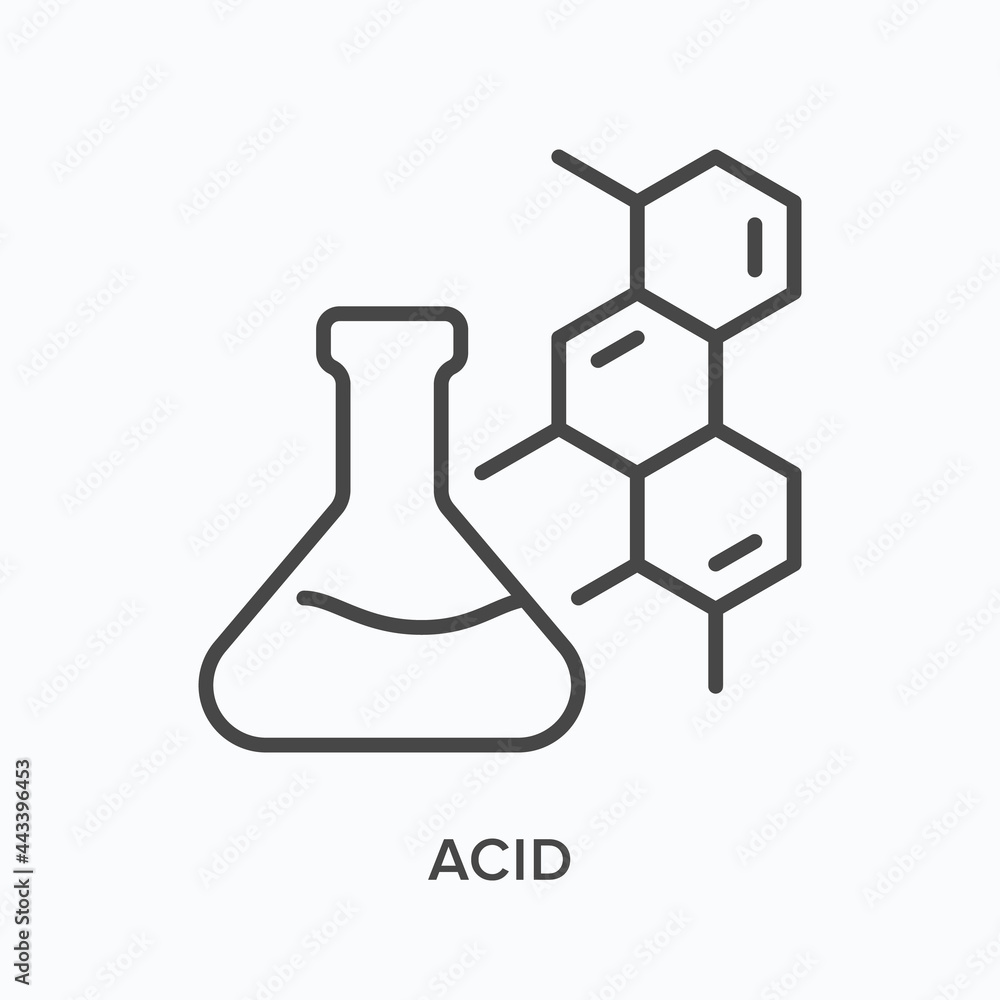Acid flat line icon. Vector outline illustration of flask and molecular structure. Black thin linear pictogram for scientific equipment Acid flat line icon. Vector outline illustration of flask and molecular structure. Black thin linear pictogram for scientific equipment