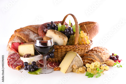 red wine with cheese and bread composition