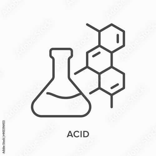 Acid flat line icon. Vector outline illustration of flask and molecular structure. Black thin linear pictogram for scientific equipment