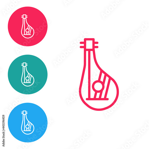 Red line Ukrainian traditional musical instrument bandura icon isolated on white background. Set icons in circle buttons. Vector