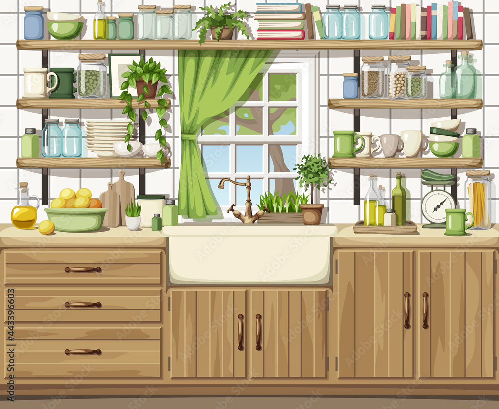 Vector cartoon traditional kitchen interior with wooden a