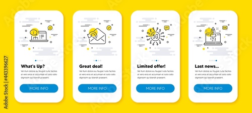 Vector set of Online documentation, 5g technology and Send mail line icons set. UI phone app screens with line icons. Start business icon. Web engineering, Wireless communication, Sent message. Vector