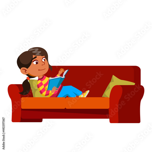 Girl Kid Laying On Couch And Reading Book Vector. Hispanic Preteen Lady Child Lay On Sofa And Read Educational Book. Character Infant Enjoying With Literature Flat Cartoon Illustration
