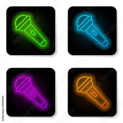 Glowing neon line Microphone icon isolated on white background. On air radio mic microphone. Speaker sign. Black square button. Vector