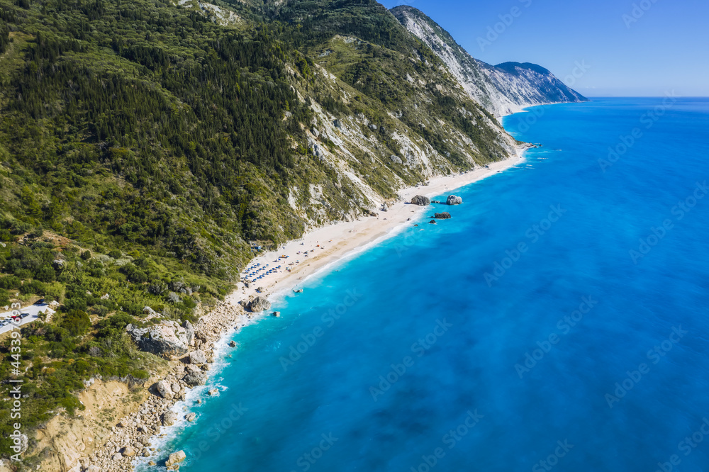Aerial view of Kalamitsi beach with turquoise blue Ionian Sea, Lefkada island, Greece.