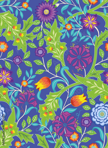 Floral seamless pattern with big flowers and foliage on blue background. Vector illustration.