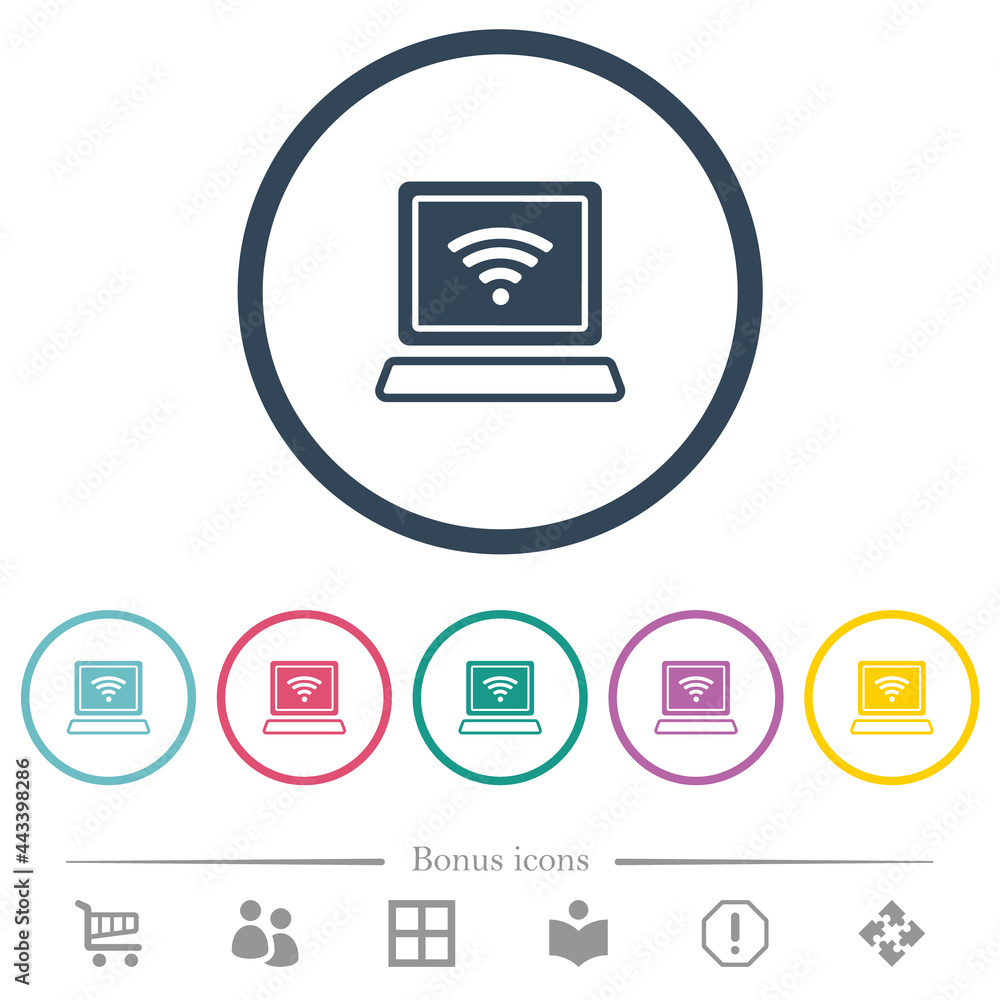 Laptop computer with wireless symbol alternate flat color icons in round outlines Laptop computer with wireless symbol alternate flat color icons in round outlines