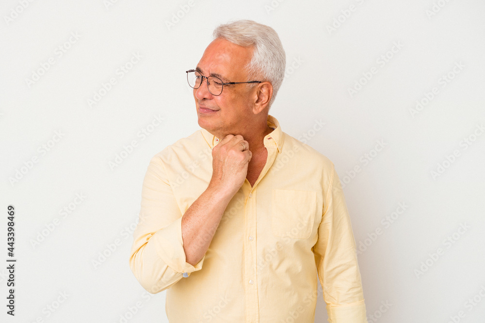 Senior american man isolated on white background suffers pain in throat due a virus or infection. Senior american man isolated on white background suffers pain in throat due a virus or infection.