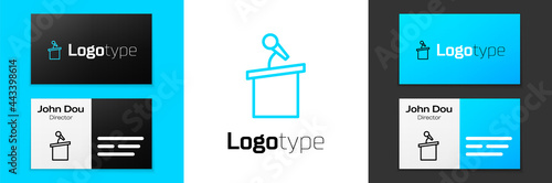 Blue line Stage stand or debate podium rostrum icon isolated on white background. Conference speech tribune. Logo design template element. Vector