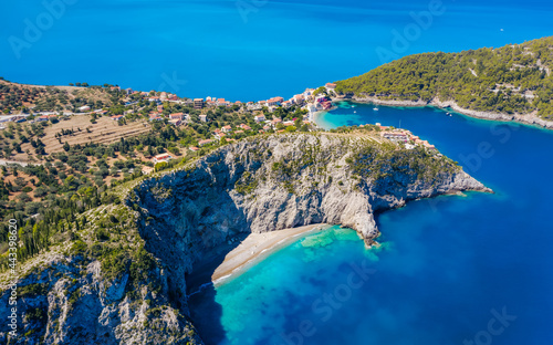 Aerial panoramic view of Assos village coast. Kefalonia island, Greece. Travel summer vocation concept