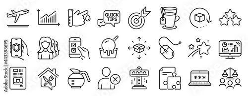 Set of Business icons, such as Coffee vending, Computer mouse, Target icons. Court jury, Falling star, Attraction signs. Delete user, Strategy, Analytics graph. Food delivery, Graph, Tea. Vector