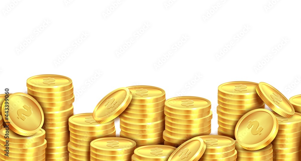 Coins stack gold. Golden coin money pile realistic backdrop, stacked dollar lots, cash profits, gambling game jackpot casino market banner. Square luxury frame vector 3d isolated illustration Coins stack gold. Golden coin money pile realistic backdrop, stacked dollar lots, cash profits, gambling game jackpot casino market banner. Square luxury frame vector 3d isolated illustration