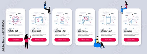 Vector Set of Business icons related to Smartphone, Education and Dollar wallet icons. UI phone app screens with teamwork. Vip chip, Lawyer and Fireworks line symbols. Vector
