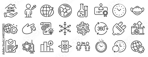 Set of Science icons  such as People vaccination  360 degree  Seo gear icons. Augmented reality  Rfp  Chemistry lab signs. Globe  Snowflake  5g internet. Air fan  Coronavirus  Update time. Vector