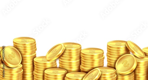 Coins stack gold. Golden coin money pile realistic backdrop, stacked dollar lots, cash profits, gambling game jackpot casino market banner. Square luxury frame vector 3d isolated illustration