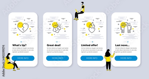 Vector Set of Love icons related to Broken heart, Love gift and Heart flame icons. UI phone app screens with people. Friends couple line symbols. Love end, Friendship. Phone UI banners. Vector