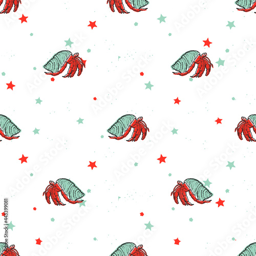 Vector seamless pattern with hermit crab and stars photo