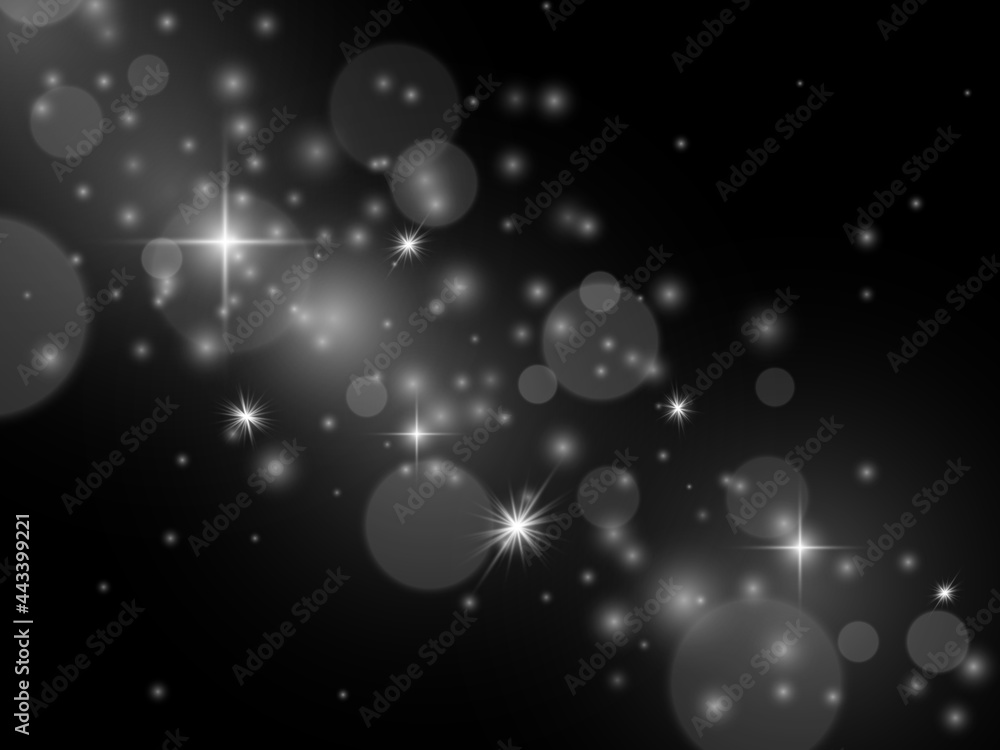 Effect light. Glowing magic stardust, white transparent sparkles. Abstract christmas flare silver holiday glitter backdrop. Magic shimmer festive decor vector isolated on black illustration Effect light. Glowing magic stardust, white transparent sparkles. Abstract christmas flare silver holiday glitter backdrop. Magic shimmer festive decor vector isolated on black illustration