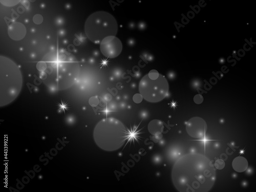 Effect light. Glowing magic stardust, white transparent sparkles. Abstract christmas flare silver holiday glitter backdrop. Magic shimmer festive decor vector isolated on black illustration