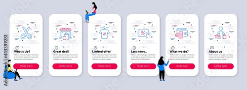 Set of Fashion icons, such as Scissors, Dry t-shirt, Discount coupon icons. UI phone app screens with teamwork. Market, Wallet money, Buyer line symbols. Vector
