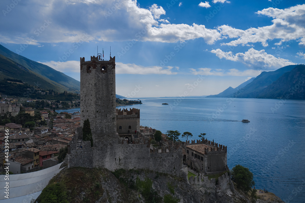 Castle of Malcesine, panorama aerial view. Castle on Lake Garda top view.