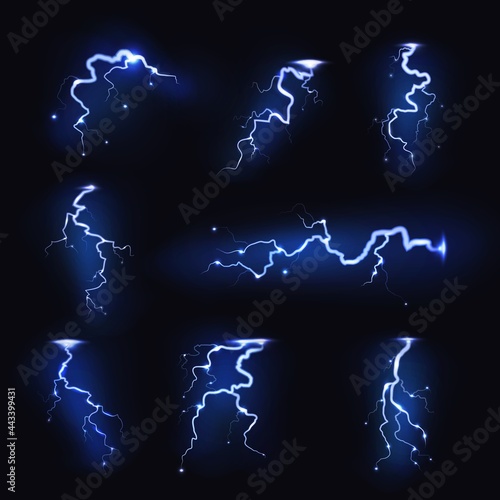 Lightnings realistic. Thunder light sparks, storm flash, thunderstorm blitz. Power energy charge, electric voltage symbols, blue glowing symbol, vector isolated on black background set
