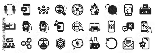 Set of Technology icons, such as Internet search, Confirmed, Augmented reality icons. Education, Messenger, Weather phone signs. Recovery data, Marketplace, Chemistry flask. Ranking stars. Vector