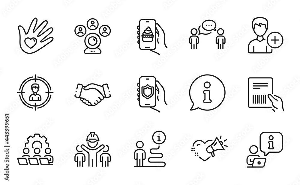 People icons set. Included icon as Video conference, Security app, Love message signs. Add person, Parcel invoice, Social responsibility symbols. Handshake, Consulting business, Teamwork. Vector People icons set. Included icon as Video conference, Security app, Love message signs. Add person, Parcel invoice, Social responsibility symbols. Handshake, Consulting business, Teamwork. Vector