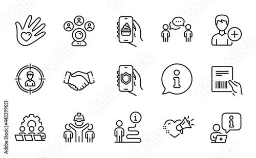 People icons set. Included icon as Video conference, Security app, Love message signs. Add person, Parcel invoice, Social responsibility symbols. Handshake, Consulting business, Teamwork. Vector