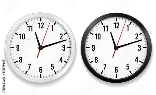 Office clock realistic. Round watches with time arrows and black or white face, wall hanging element with second, hour and minute pointer, interior decor object isolated 3d vector illustration